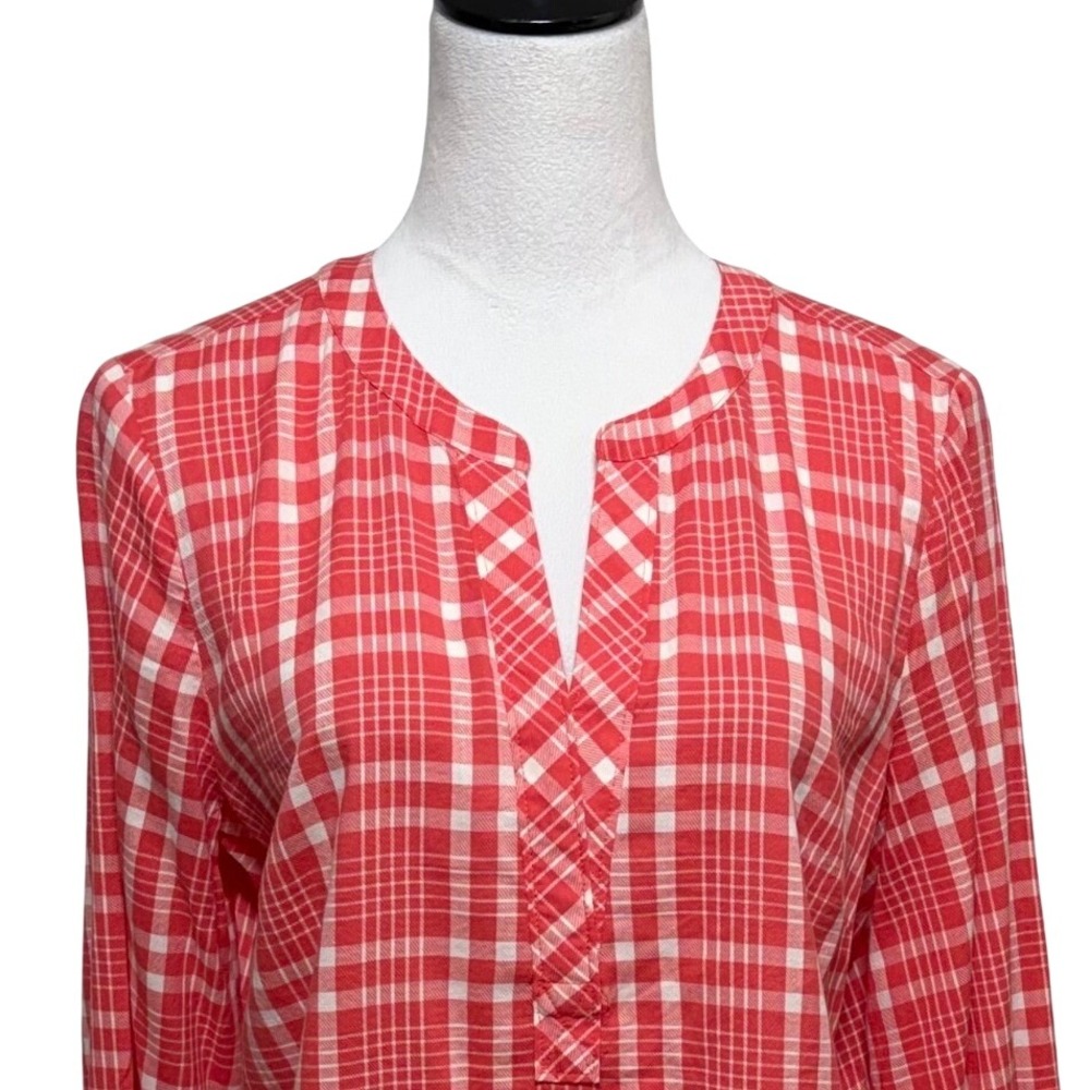 Talbots Top Womens Large Pink Plaid Split Neck Long Sleeve Rayon Blend Pullover